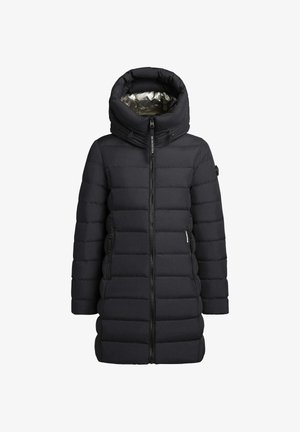 Zwarte gepofte jas met een hoge kraag, een rits aan de voorkant en twee zijzakken; heeft een glanzende zilveren voering aan de binnenkant van de capuchon.