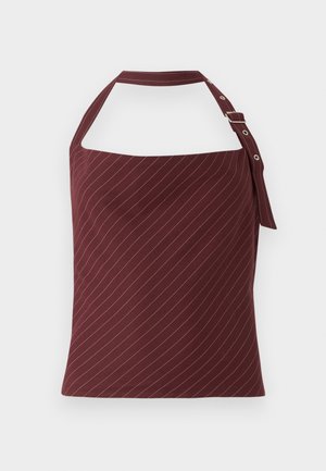 Burgundy halter top with thin white vertical stripes, featuring a wide, solid shoulder strap with a buckle detail. Smooth fabric texture.