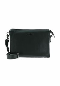 Sac bandoulière en cuir texturé noir avec quincaillerie argentée, bandoulière ajustable et logo "Mandarina Duck" au centre avant.