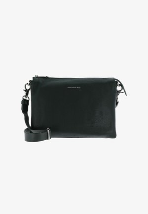 Sac bandoulière en cuir texturé noir avec quincaillerie argentée, bandoulière ajustable et logo "Mandarina Duck" au centre avant.