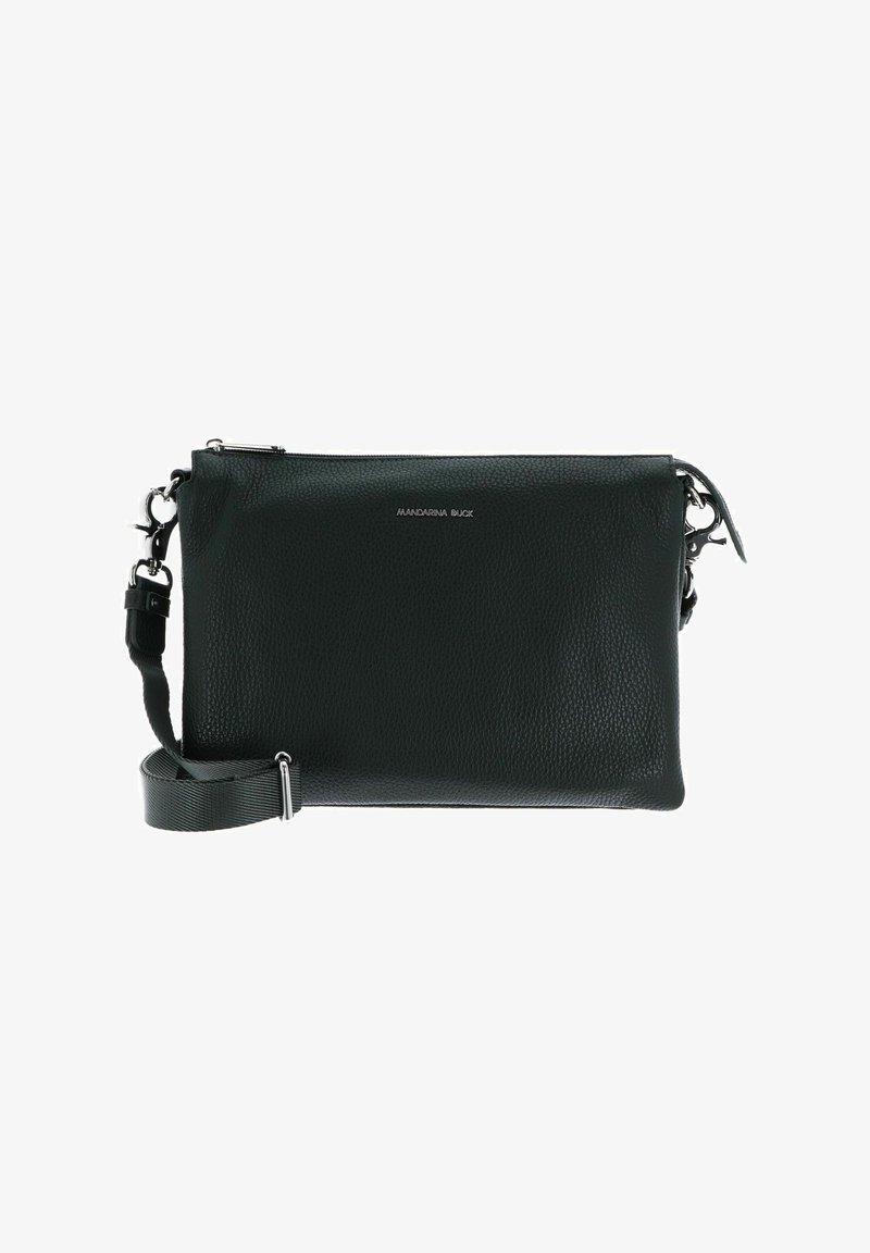 Sac bandoulière en cuir texturé noir avec quincaillerie argentée, bandoulière ajustable et logo "Mandarina Duck" au centre avant.