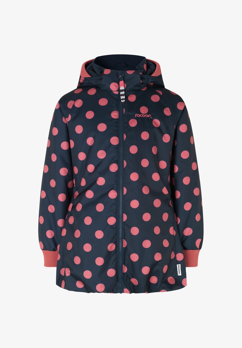 Giacca impermeabile della marina con grandi pois rosa. Presenta una chiusura frontale con zip, cappuccio e polsini elasticizzati. Logo sul petto. Texture morbida.