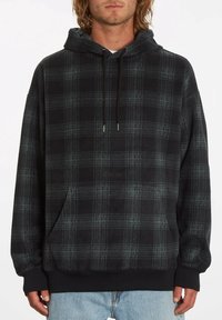 Sudadera con capucha de cuadros en negro y gris hecha de tela suave. Cuenta con un bolsillo tipo canguro, capucha con cordón y puños acanalados. Diseño casual.