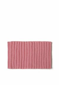 Fascia per capelli in maglia di un rosa tenue. Presenta una texture a coste e una forma rettangolare, realizzata in materiale elastico per flessibilità e comfort.