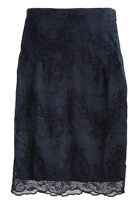 Jupe en dentelle bleu marine avec motifs floraux, surface texturée et bordure en dentelle festonnée à l'ourlet. Longueur genoux avec une silhouette ajustée.