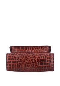 Brown crocodile-patterned leather clutch purse with a structured flap, shown from the bottom against a white background.
