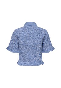 Blouse à manches courtes à carreaux bleus et blancs avec bords froncés aux manches et à l'ourlet, vue de dos.
