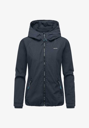 Kapuzensweatjacke aus dunkelblauem Stoff mit Reißverschluss vorne. Verfügt über elastische Bündchen, seitliche Taschen und blaue Akzente an den Kordeln.