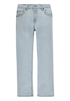 Jean en denim bleu clair avec bouton frontal, fermeture éclair, passants pour ceinture et design à cinq poches, coupe droite, sans usure apparente.