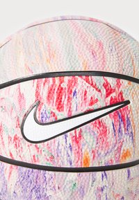 Basketball with a textured, multicolored surface featuring swirls of pink, purple, and white, accented by a black band and Nike logo.