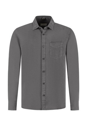 Szürke, hosszú ujjú, pamut keverékből készült ing, gombos gallérral, elülső zsebbel és diszkrét, texturált felülettel.
