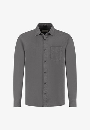 Szürke, hosszú ujjú, pamut keverékből készült ing, gombos gallérral, elülső zsebbel és diszkrét, texturált felülettel.
