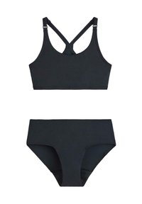 Svart bikini-set bestående av en sportig topp med korsande band och ett högmidjat underdel. Tillverkad av mjukt, elastiskt material.