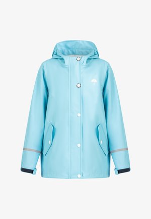 Jachetă de ploaie impermeabilă de culoare albastru deschis, cu glugă, nasturi cu snap, două buzunare frontale, accente cu bandă reflectorizantă și un mic logo alb de umbrelă.