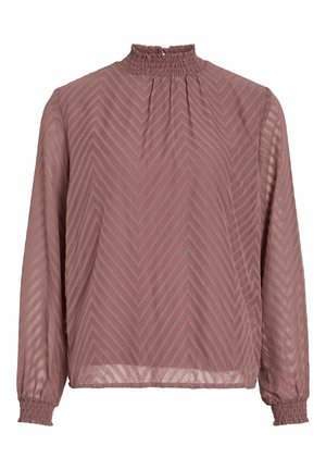 Doorzichtig mauve blouse met een hoge gesmokte hals, lange mouwen en een chevronpatroon. Elastische manchetten en een relaxte pasvorm versterken het ontwerp.