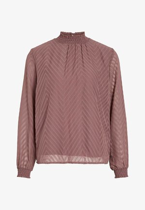 Blusa de gasa en color malva con un cuello smock alto, mangas largas y un patrón de chevron. Los puños elásticos y un corte relajado realzan su diseño.