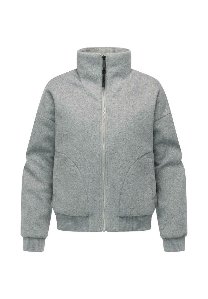 Grå zip-up jacka i strukturerad tyg, med ståkrage, framfickor och ribbade manschetter och nederkant.