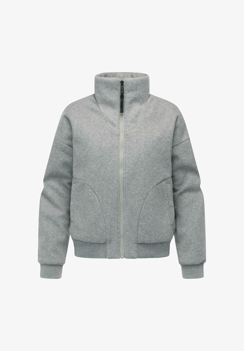 Grå zip-up jacka i strukturerad tyg, med ståkrage, framfickor och ribbade manschetter och nederkant.