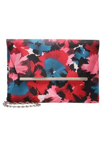 Květná kabelka do ruky s kombinací červených, růžových, modrých a černých vzorů. Má stříbrný kovový pruh a odnímatelný řetízkový popruh.