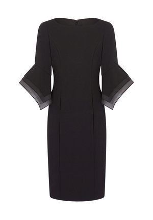 Black dress with a fitted silhouette, featuring flared sleeves with sheer fabric accents and a round neckline, closed with a back zipper.