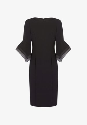 Black dress with a fitted silhouette, featuring flared sleeves with sheer fabric accents and a round neckline, closed with a back zipper.