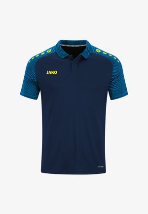 Polo shirt bleu marine avec des manches courtes bleu à motifs, logo "JAKO" jaune sur le devant et tissu texturé subtil.