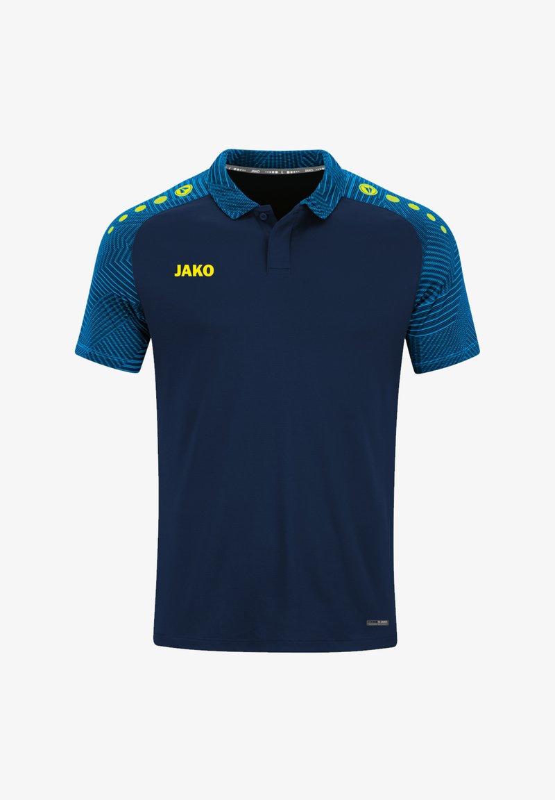 Dunkelblaues Poloshirt mit gemusterten blauen kurzen Ärmeln, gelbem "JAKO"-Logo auf der Vorderseite und subtil strukturiertem Stoff.