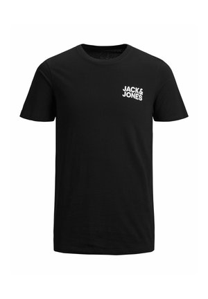 Črna bombažna majica s kratkimi rokavi, okroglim izrezom, na kateri je na levi strani prsnega dela v beli barvi napisana "JACK & JONES".