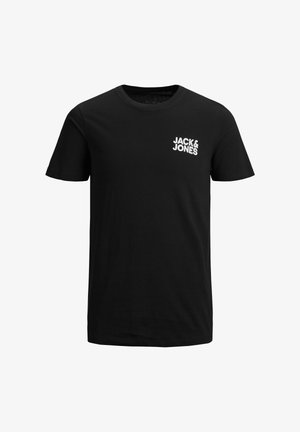 Fekete pamut póló rövid ujjal, kerek nyakkivágással, a bal mellrészen fehér "JACK & JONES" felirattal.