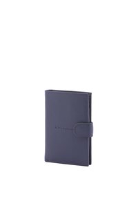 Portafoglio in pelle blu navy con una finitura testurizzata, dotato di chiusura a scatto e logo impressa sul fronte. Forma rettangolare compatta.