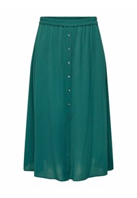 Grön midi kjol gjord av lätt tyg med elastisk midja. Har en knappstängning fram och en svängd silhuett.