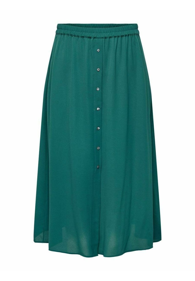 Grön midi kjol gjord av lätt tyg med elastisk midja. Har en knappstängning fram och en svängd silhuett.