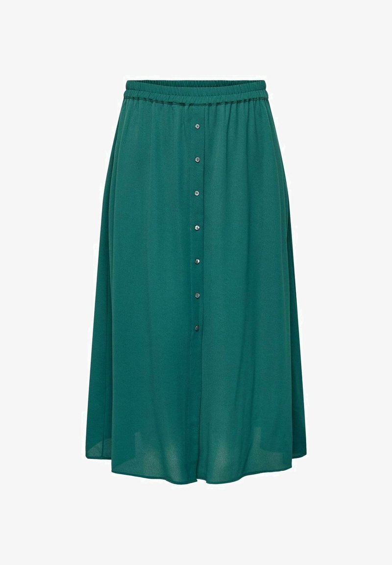 Grön midi kjol gjord av lätt tyg med elastisk midja. Har en knappstängning fram och en svängd silhuett.