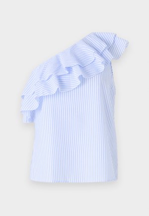 Jednobarevný top na jedno rameno v světle modré a bílé pruhy, s volánkovým detailem na rameni. Vyrobeno z lehkého materiálu.