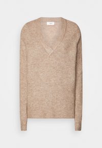 Beiger V-Ausschnitt-Pullover aus weichem Strickstoff, mit langen Ärmeln und gerippten Bündchen, mit subtiler Textur. Minimalistisches Design ohne Muster.