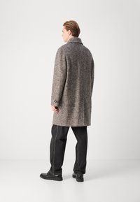 Palton gri din țesătură cu ventrală la spate, guler mare și mansete cu nasturi; purtat cu pantaloni închiși la culoare și pantofi negri, pe un fundal minim.
