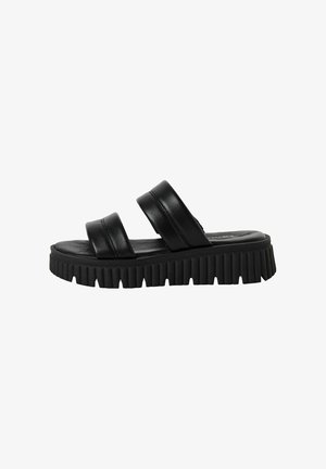 Sandali con piattaforma nera con due larghe cinghie testurizzate. Presentano una suola spessa scanalata per maggiore altezza e comfort. Realizzati in materiale sintetico.