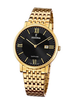Montre-bracelet en métal doré avec un cadran noir, des index horaires dorés, un affichage de la date, et un design de bracelet tissé. Dotée d'un verre saphir.