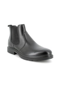 Stivale Chelsea in pelle nera con pannelli laterali in elastico, punta arrotondata, superficie liscia e suola in gomma resistente. Dettagli di cucitura minimi.