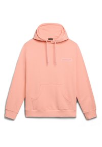 Felpa rosa chiaro realizzata in tessuto morbido, con tasca anteriore, cappuccio con cordino e logo ricamato sul petto.
