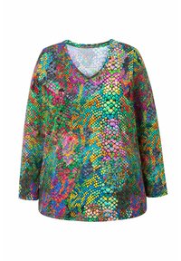 Maglietta a maniche lunghe con scollo a V, caratterizzata da un motivo colorato e testurizzato con squame verdi, arancioni, rosa e blu su uno sfondo nero.