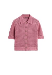 Strick-Cardigan mit kurzen Ärmeln in Hellrosa mit Polokragen, ausgestattet mit einer Knopfleiste und strukturiertem offenen Gewebe-Design.