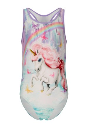 Children's one-piece swimsuit with leaping white unicorn, pink mane, golden horn, rainbow, and colorful butterflies on a pastel background.