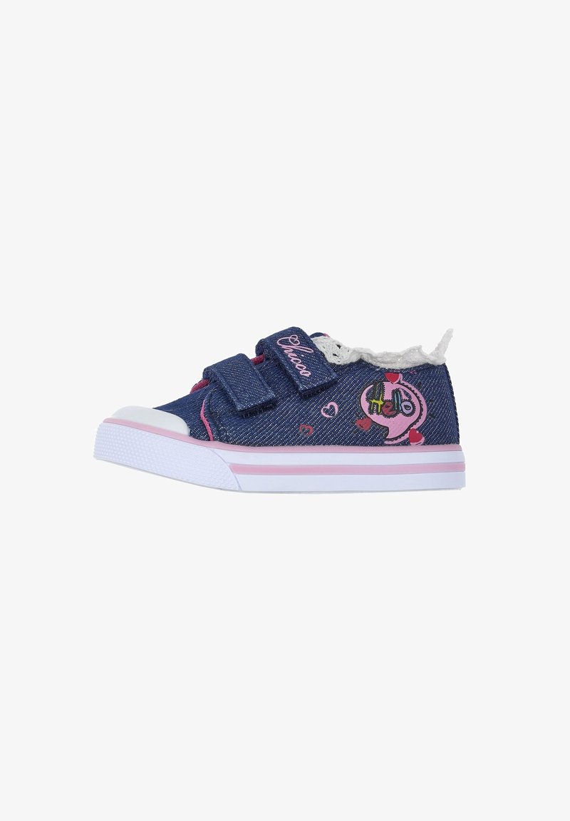 Sneakers in denim blu con punte in gomma bianca, accenti rosa, cinturini in velcro e un design cartonesco sul lato. Suola texturizzata per una migliore aderenza.