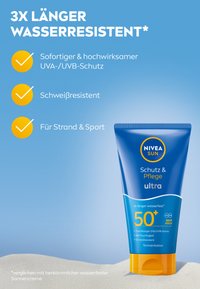 NIVEA SUN ultra sunscreen tube; blue and orange design; 50+ SPF; notes on water resistance and sweat resistance prominently displayed.
