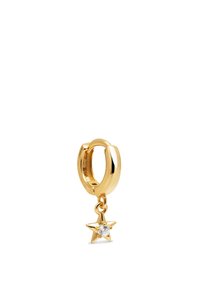 Goldfarbene Creolen mit einem hängenden Sternanhänger, der einen klaren Edelstein in der Mitte hat, mit glattem Finish und modernem Design.
