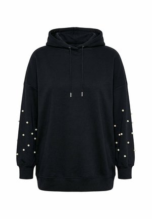 Sudadera negra de manga larga con cordones y cuentas decorativas de perlas blancas esparcidas por las mangas.