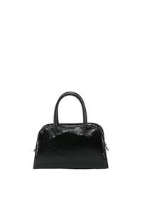 Black patent leather handbag with a structured shape, dual rounded handles, and a zipper closure. Smooth texture and minimalistic design.