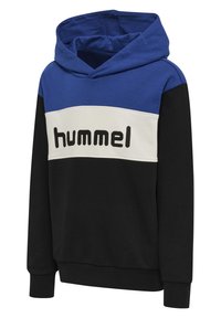 Bluza z kapturem w kolorach niebieskim, białym i czarnym; posiada duże logo "hummel" na piersi. Wykonana z miękkiego materiału z ściągaczami przy rękawach.