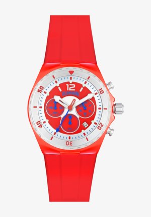 Rød silikone armbåndsur med en rund rød urskive, sølv bezel og hvide accenter. Chronograph med tre sub-dials og stort tal ved 12.